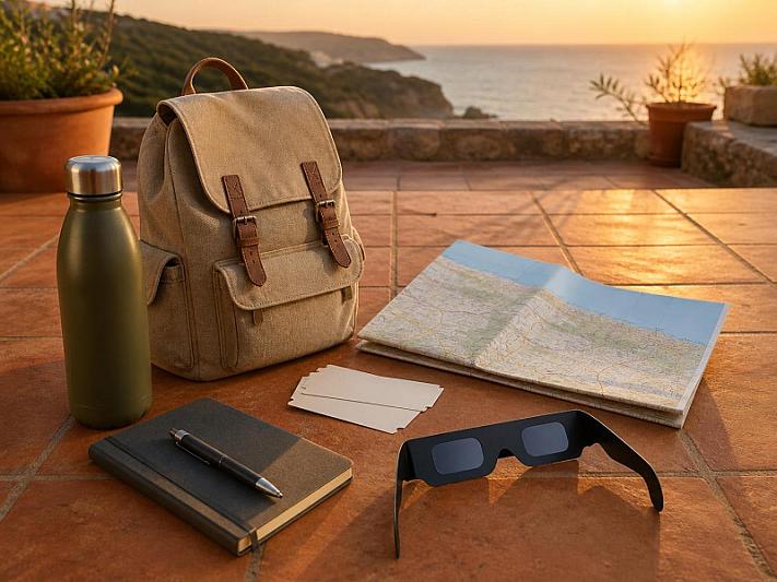 Solar eclipse glasses and travel essentials prepared for watching the 2026 eclipse in Spain